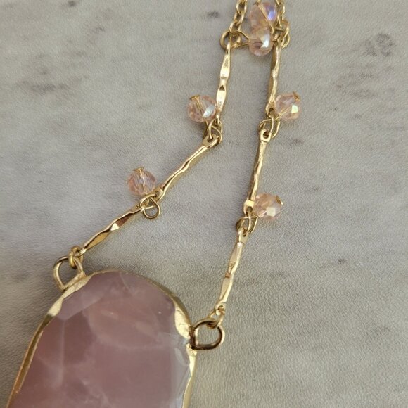 Gold Tone Necklace Faceted Rose Quartz Pendant Crystal Beads Layered Chain 18in - Picture 4 of 10